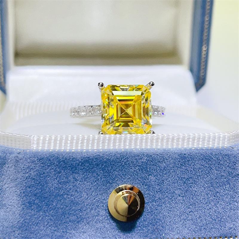 Yellow Moissanite Micro-Pavé Square Ring - Stylish Women's European American Cross-Border Bestseller