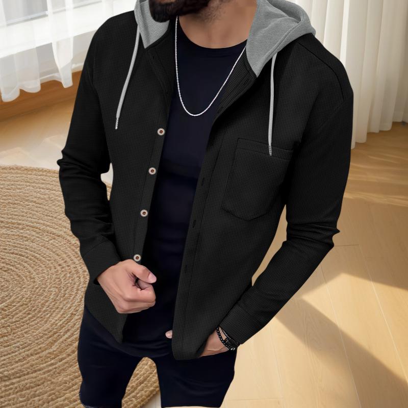Spring Autumn New Men Solid Color Minimalist Casual Versatile Single Breasted Hooded Cardigan Outerwear Color Block Pocket Top