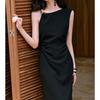 Pre-Sale Micro-Elastic Twill Dress with Metal Inlay and Asymmetric Ruched Waist