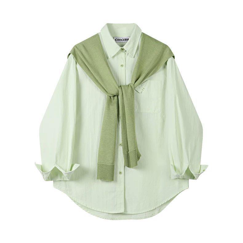 

Women s Stylish Cotton Shirt with Shawl - Spring/Autumn Casual Loose Fit Two-Piece Top S (Recommended: 85-100 lbs)