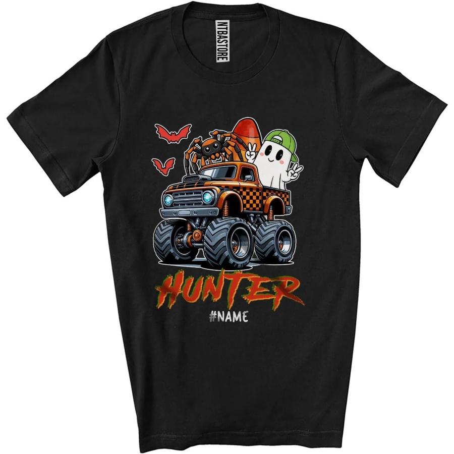CUTEBUNNYSTORE Personalized Hunter; Amazing Halloween Boo Ghost Spider On Monster Truck; Custom Name Family Unisex T-Shirt Black XXXXXL чёрный