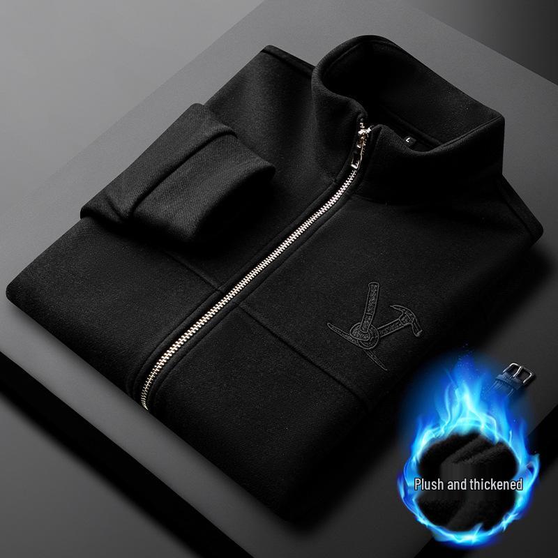 

Men s Thickened Wool & Velvet Stand Collar Cardigan Jacket for Autumn/Winter XL чорний