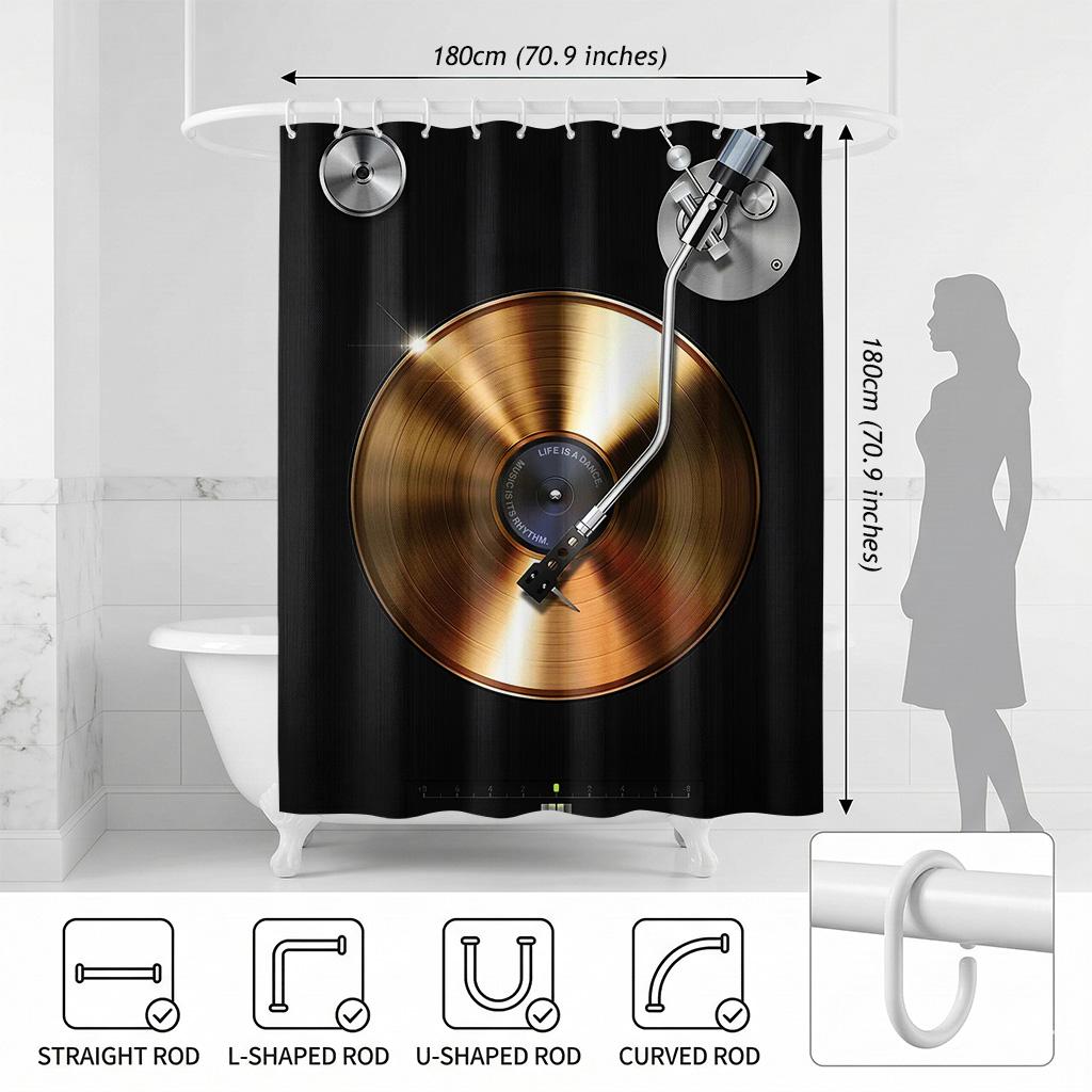 Vintage Gold Schallplatten Duschvorhang, Retro Musikliebhaber Plattenspieler Badezimmer Dekor, Coole DJ Studio Ästhetik Badvorhang