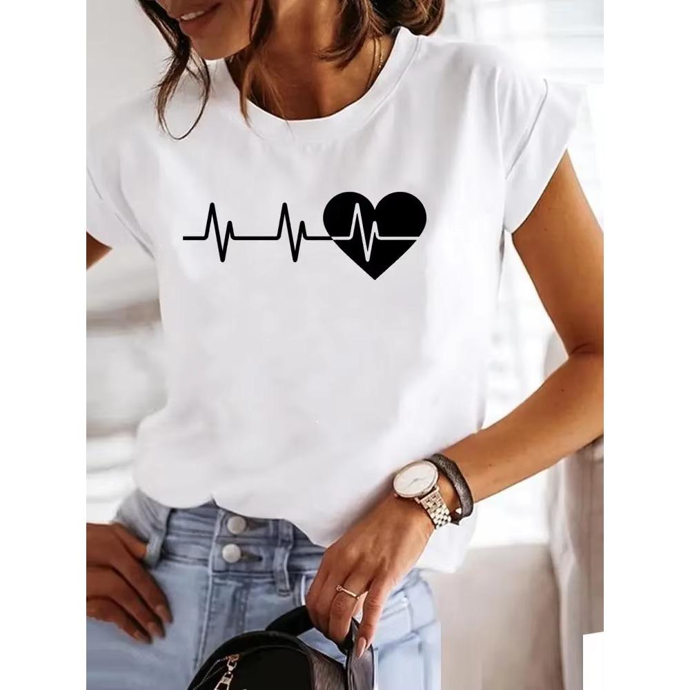 Love Style Trend Cute 90s Harajuku Women Print Ladies T-shirt Casual Basics O-collar Black Shirt Short Sleeve Ladies T-shirts