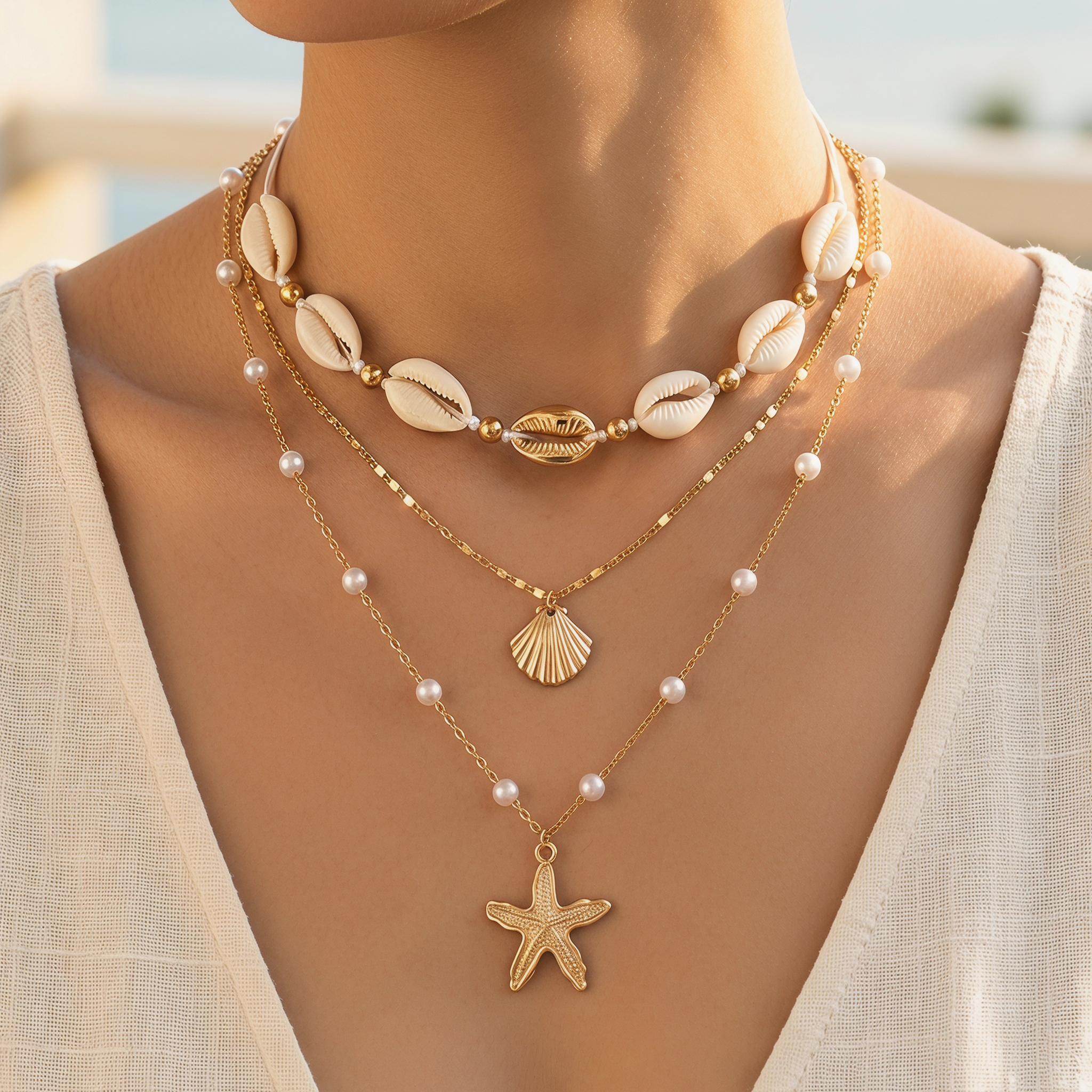 3Pcs Layered Cowrie Shell Imitation Pearl Necklace Set Starfish Shell Pendant Boho Summer Beach Jewelry for Women