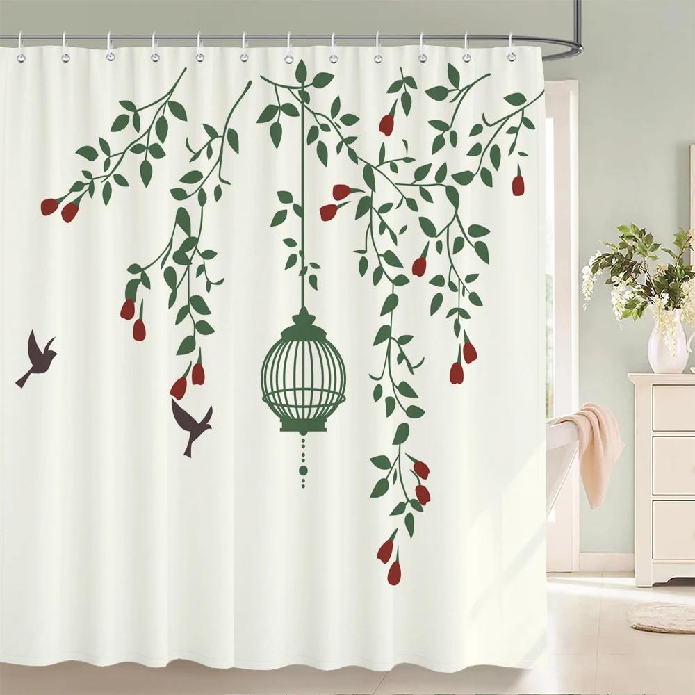

Nordic Minimalist Art Printing Shower Curtain, Waterproof Fabric Flower And Leaf Bird Pattern Bathroom Curtain For Bathtub Decor W60H190(CM)-1 Pcs