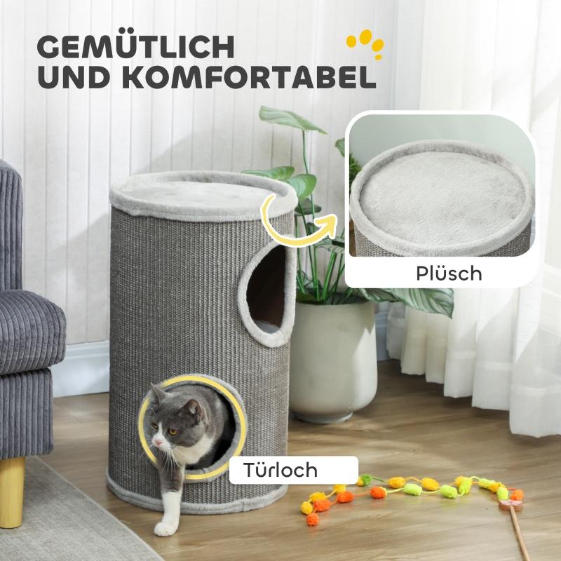 Scratching barrel, 60 cm high, Ø 35 cm, two-story cat barrel with 2 caves, plush rim, for 1-2 cats up to 5 kg, light grey