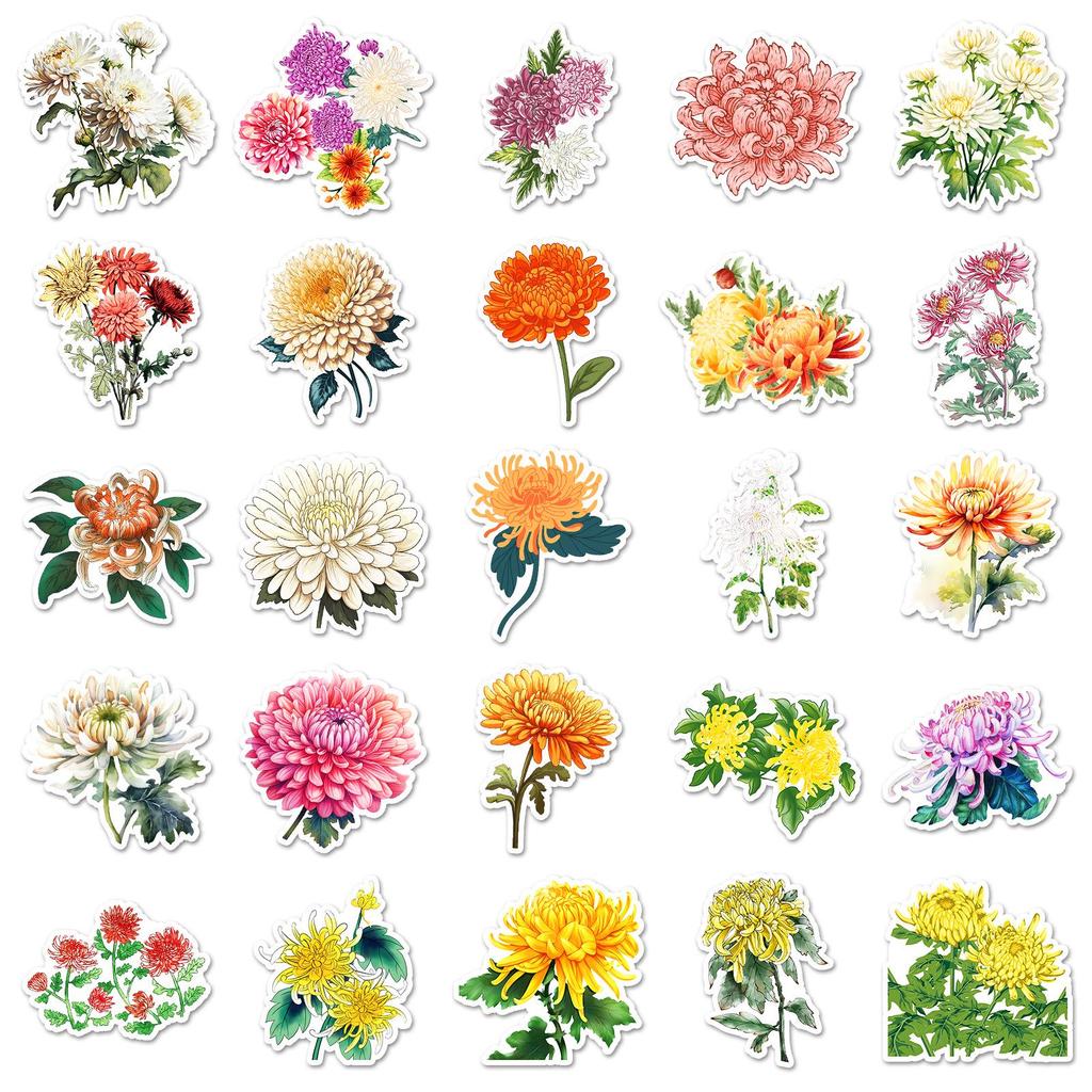 50pcs Chrysanthemum Graffiti Stickers for Water Bottles, Phone Cases & Skateboards - Fresh Flower Plant Decorations