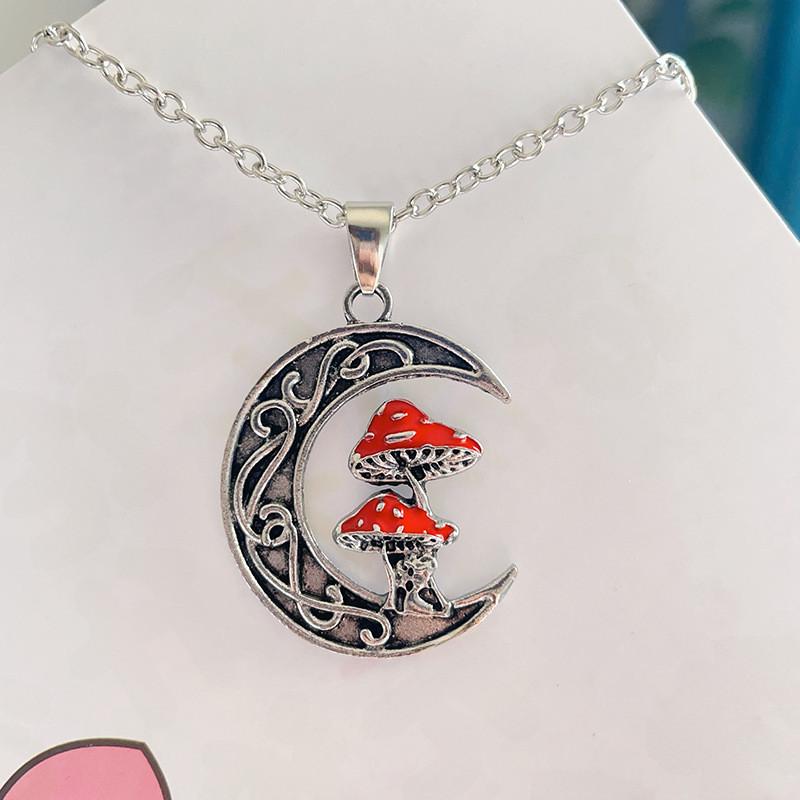 Unique Alloy Fashionable Moon And Cute Red Mushroom Pendant Necklace All For
