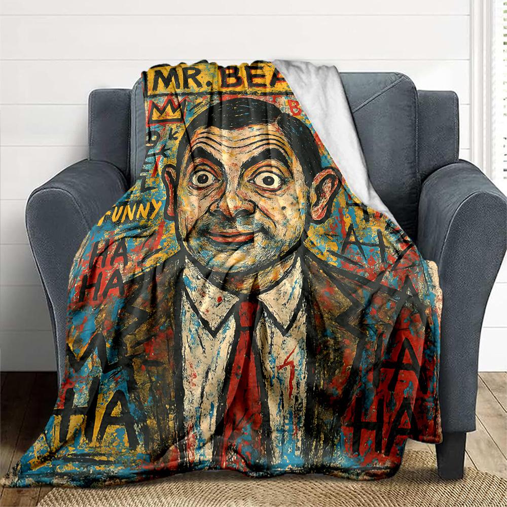1pc Mr. Bean Art Flannel Throw Blanket HD Printed Lightweight Soft Warm All Season Blanket for Sofa, Bed, Travel, Camping Machine Washable