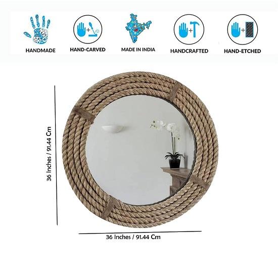 Wooden Rope Look Round Wall Mount Mirror Home Decoration, Living Room, Bedroom, Wall for Wash Basin