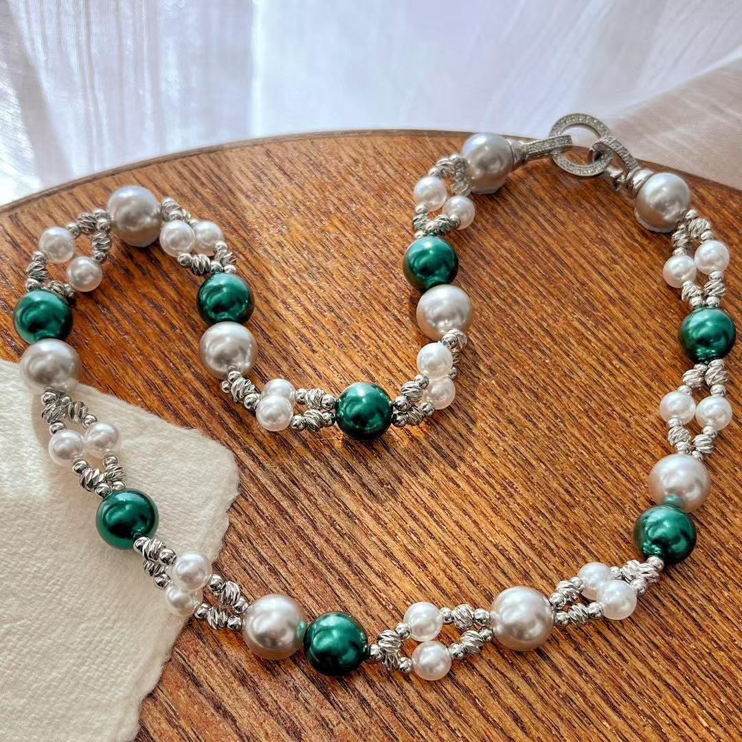 Vintage Wrapped Morandi Malachite Green Tahitian Faux High Quality Pearl Double Necklace