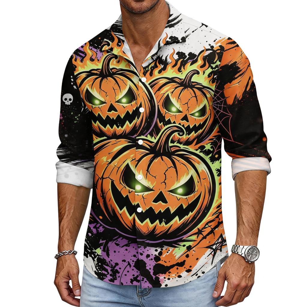 Men's Halloween Long Sleeve Button Down Shirt with Collar Casual for Holiday Parties