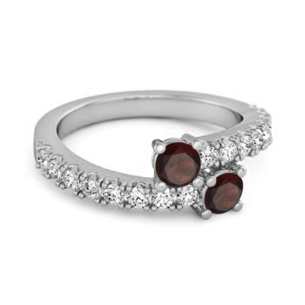 Garnet Twin Stone with Accents Bypass Ring - 925 Sterling Silver