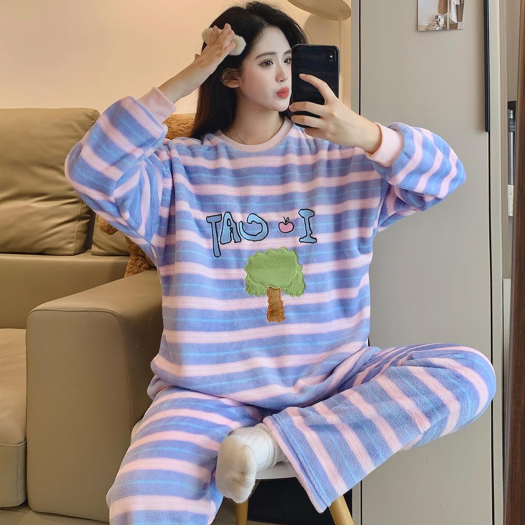 2025 Autumn Winter Warm Flannel Women Pyjamas Sets Thicken Coral Velvet Long Sleeve Cute Cartoon Sleepwear Flannel Pajamas Set for Young Girl