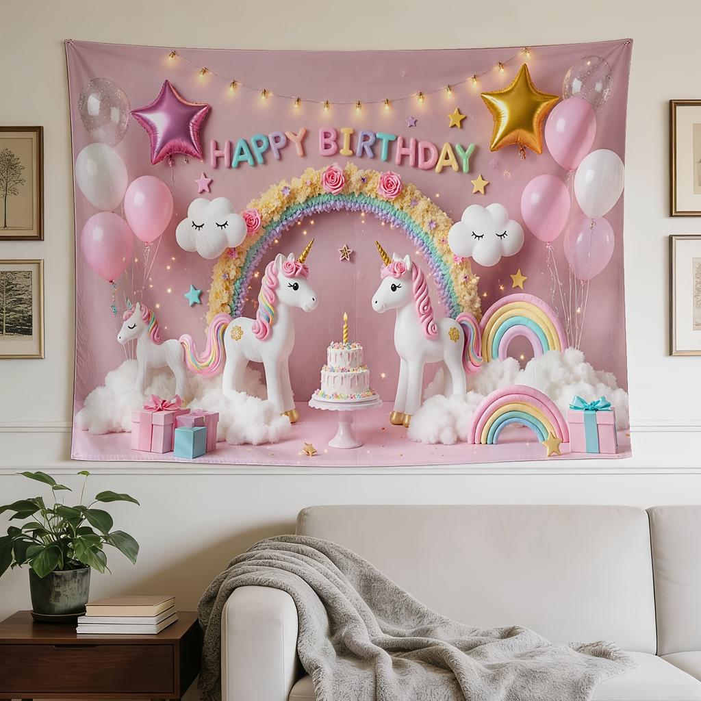 Exquisite Tapestry with Unicorn Rainbow Birthday Party Pattern, Ideal for Living Room Bedroom Office Decor and Home Party Wall Decoration