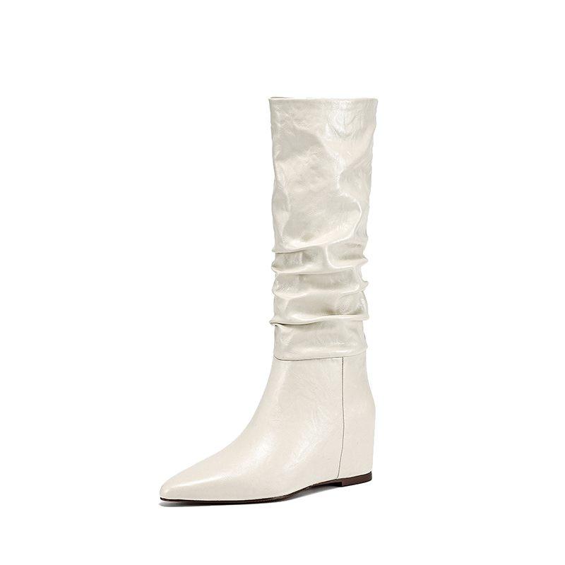 

Krazing Pot Коровья кожа Осенне-зимняя обувь Клиновидные каблуки Длинные сапоги Европейский стиль Плиссированные Сохраняющие тепло Ботфорты 39 бежевый