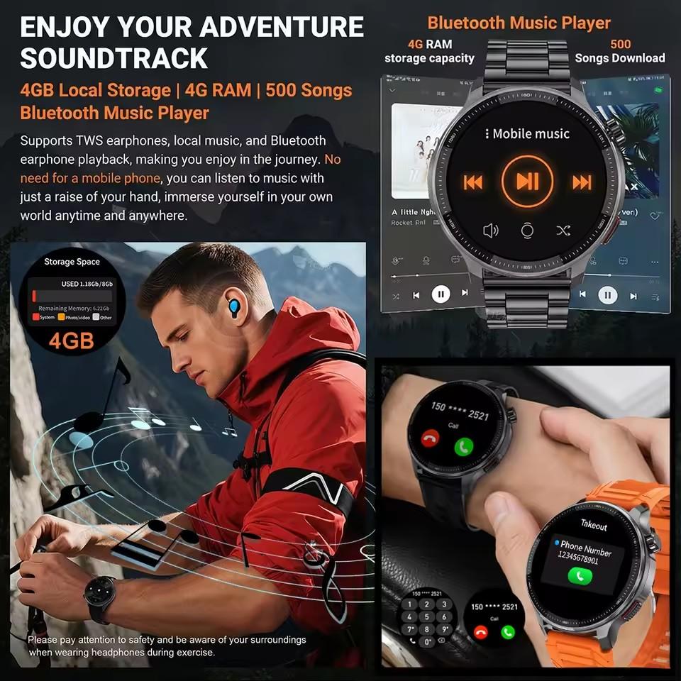 2026 Neue Militär Sport Smartwatch 1,43 Zoll AMOLED Display 4 GB Speicher GPS Offline-Karte 3ATM Wasserdicht Bluetooth-Anruf Fitness Mode Smartwatch