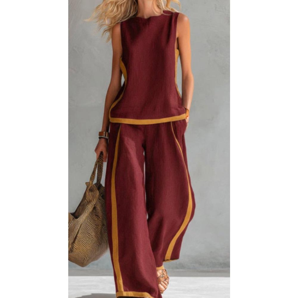 Color Block 2 Piece Outfit, Women Round Neck Sleeveless Tank Top & Wide Leg Pants Set