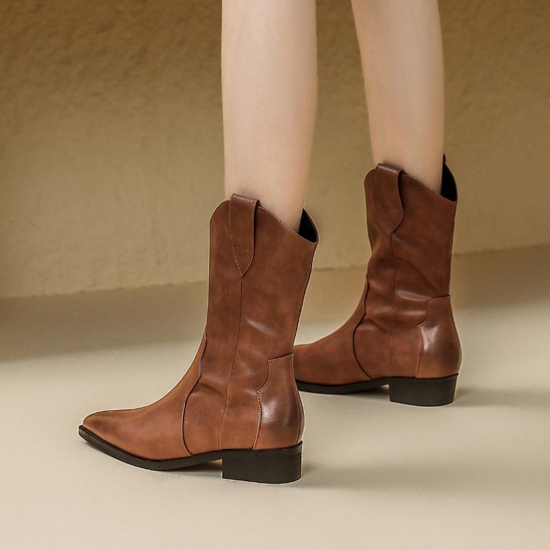 Skinny Pointed Cowboy Boots Women's New Boots Thick Heel Medium Tube Martin Boots Retro Brown Knight Boots