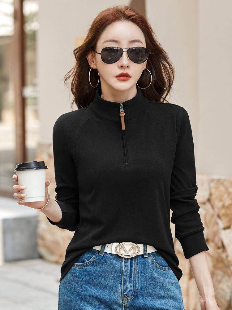 Women's Stand-Up Collar German Velvet T-Shirt: Autumn/Winter 2025, Long Sleeve, Casual Warm Base Layer Top.