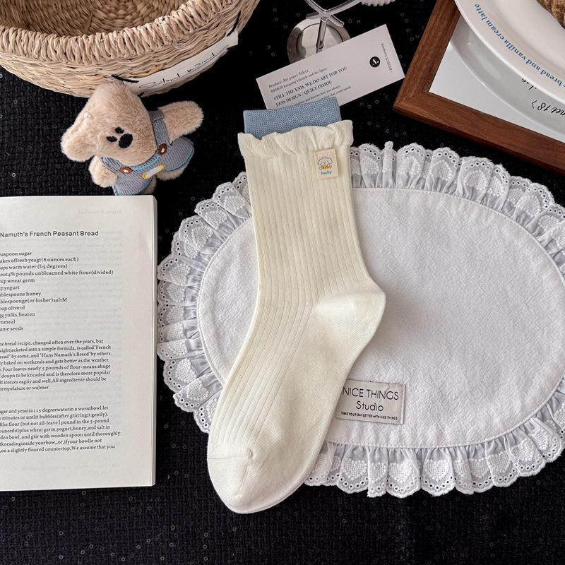 Korean Blue-Gray Striped Mid-Calf Socks - Women's Combed Cotton, Cute Puppy Design