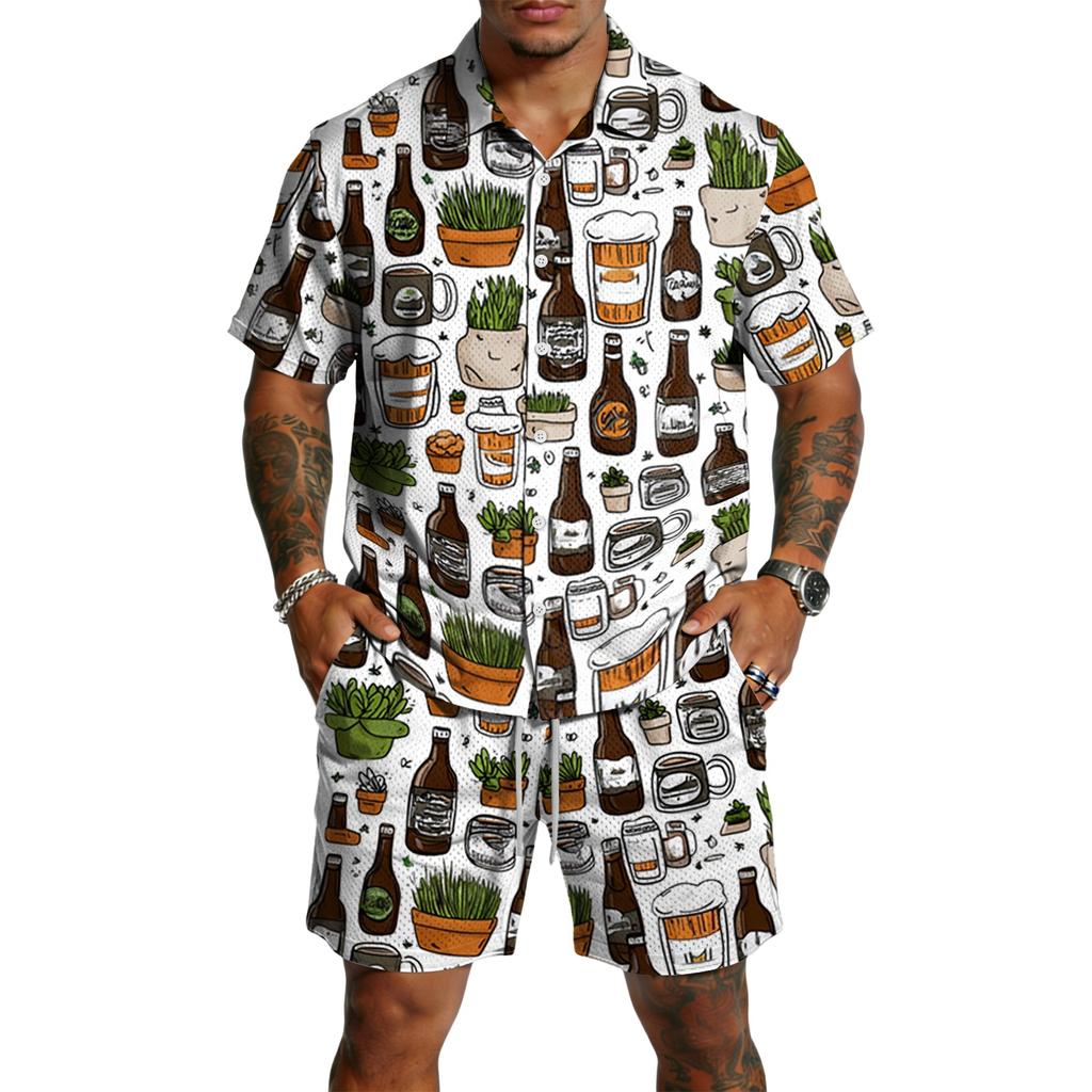 Herren Casual Kurzarmhemd und Shorts Set Bierfest Druck Knopfleiste Leichtes Sommeroutfit Entspannte Passform