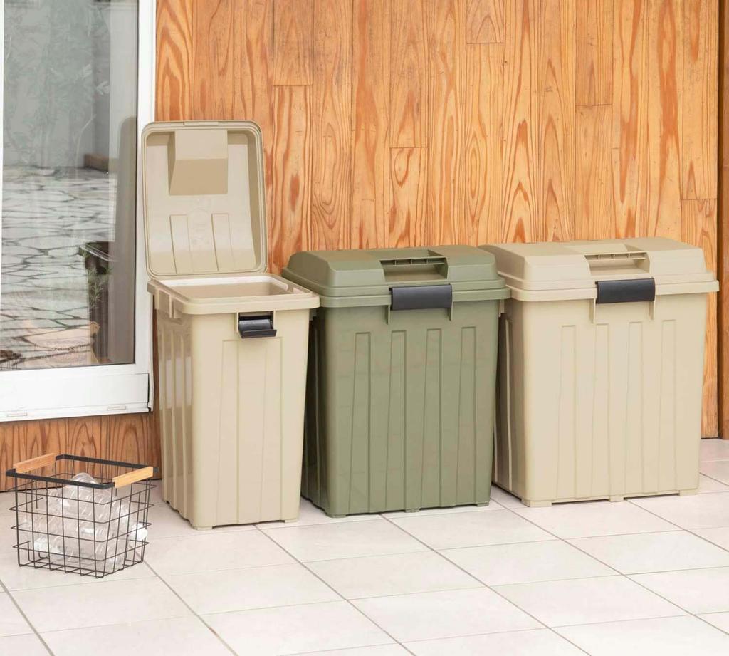 Odpadkový koš Shinki, syntetický, vážka, spojitelný, s rukojetí, 45 litrů, khaki béžový, šířka x hloubka x výška v cm, s víkem, oddělený, odolný, venkovní