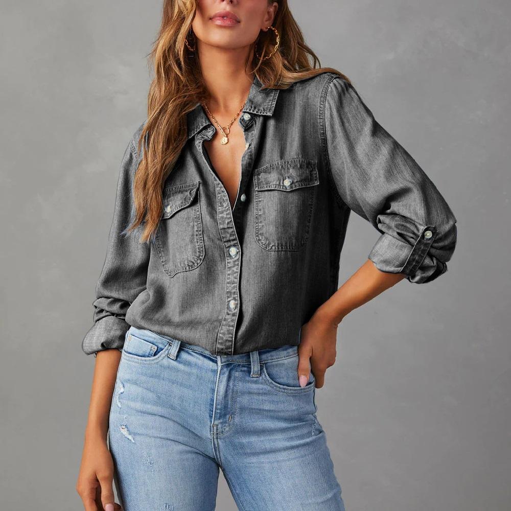 Women Denim Shirts Solid Color Turn Down Collar Long Sleeve Jean Blouses Single Breasted Loose Casual Tops Streetwear