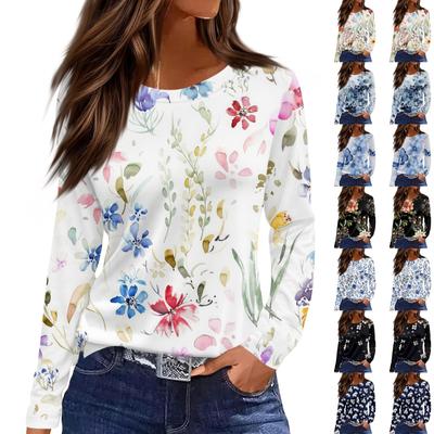Women's Fashion Hem Slit Casual Floral Print Round Neck Long Sleeve Top