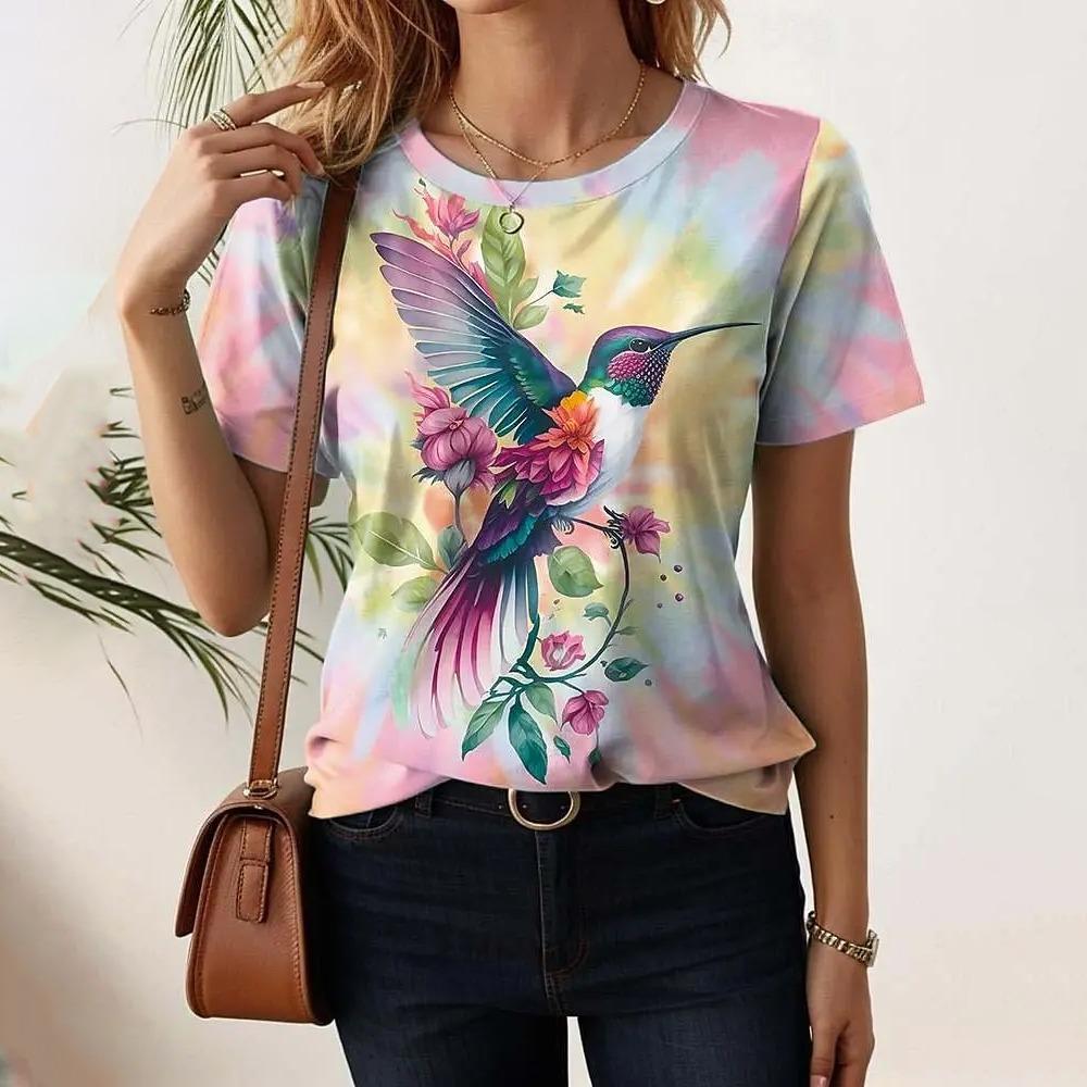 Summer Women's T-shirt Bird Print Casual Short Sleeved 3D T-shirt Fashionable Street Wear Round Neck Pullover for Women's Oversized Clothing