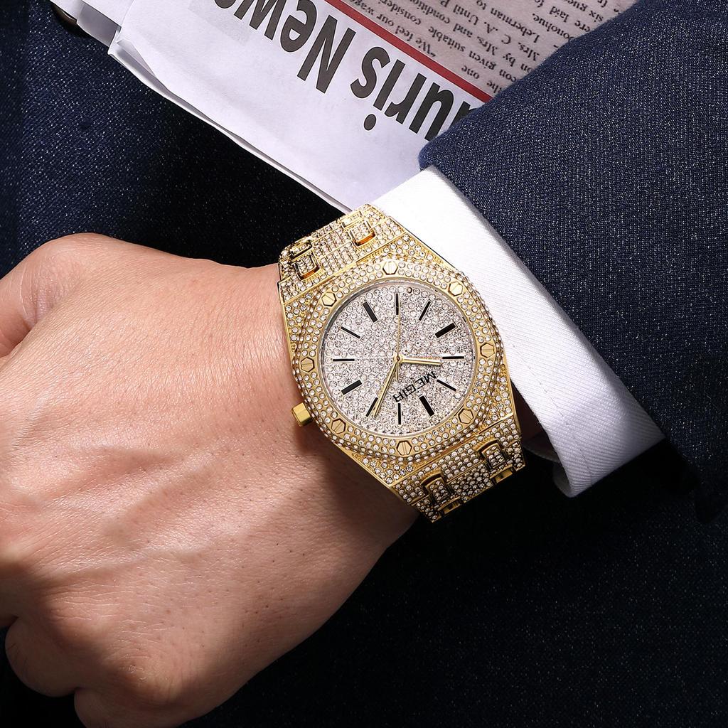 Megir Luxusní pánské hodinky s diamanty Náramek z nerezové oceli Quartzové náramkové hodinky Vodotěsné Pánské hodinky Business hodinky Relogio Masculino 1091