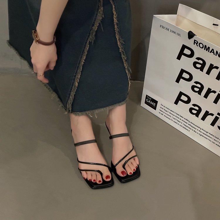 2025 New Genuine Leather Retro Square Toe Pinch Sandals Fashion High Heel Slippers Women Women's Sandals