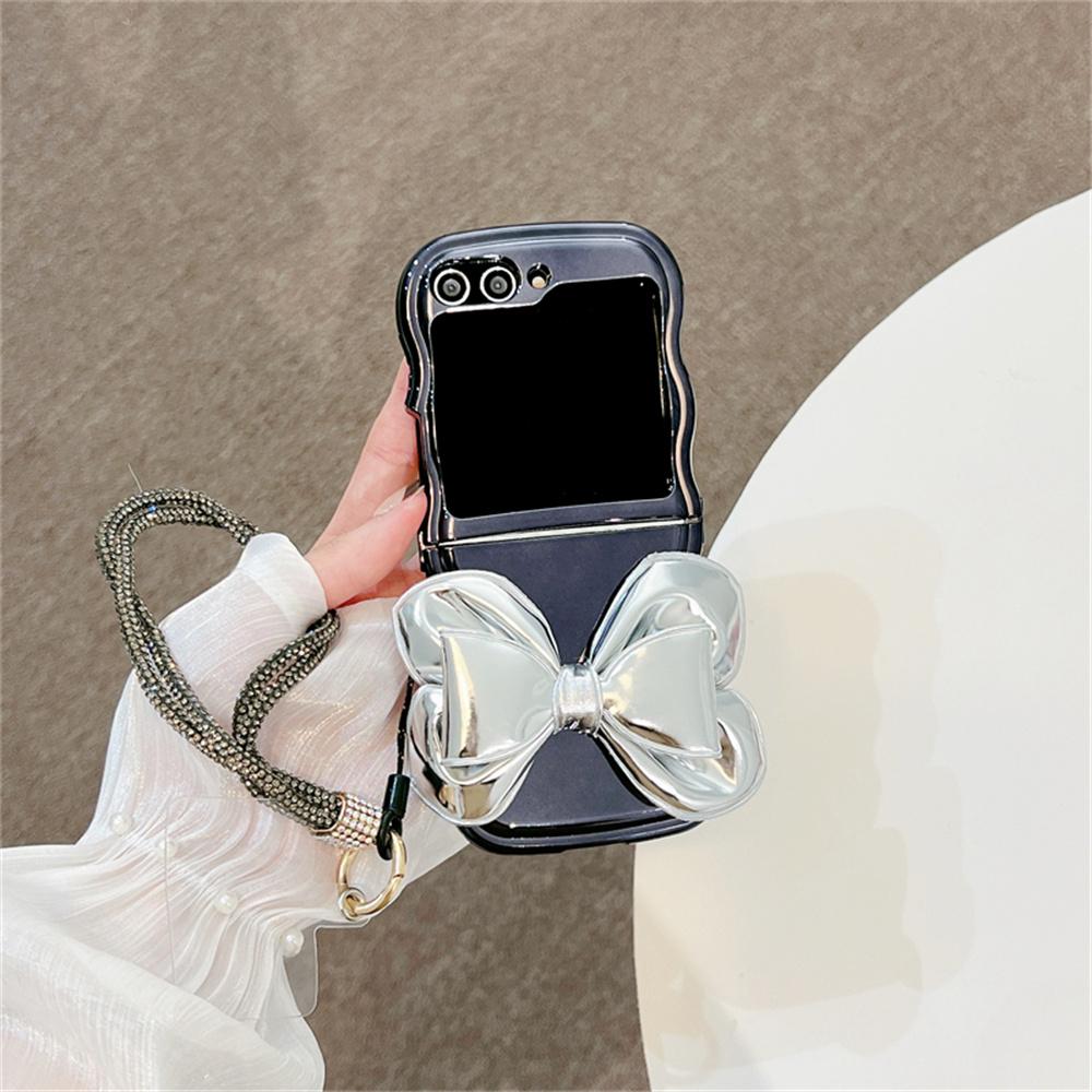 

Big Leather Bowknot Phone Case For Samsung Z Flip 4 z flip 6 5 3 Bracelet Cover For Galaxy Z Flip5 Plating Wavy Cases For Samsung Z Flip 4