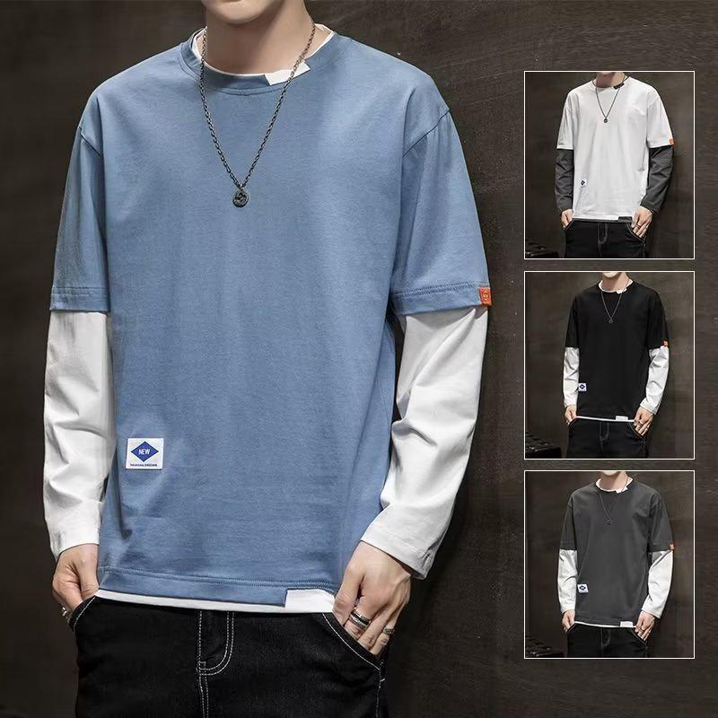Men's 2022 Korean Style Long-Sleeve Fake Two-Piece Trendy Loose T-Shirt