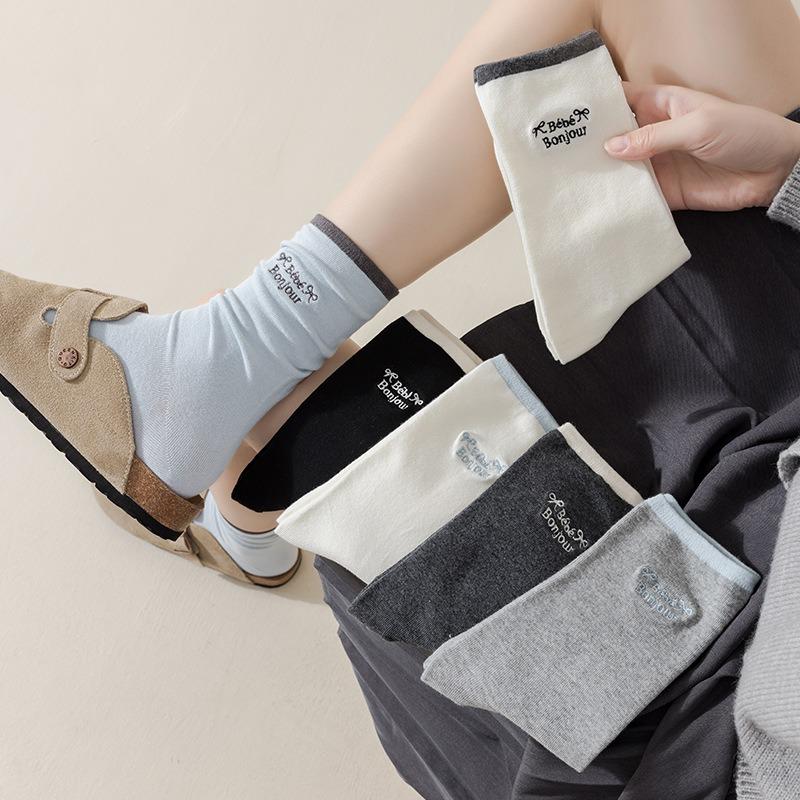 Spring and Autumn Socks, Women's Embroidered Letter Trendy Color-blocking Socks, Versatile Mid-calf Cotton Socks, Versatile Pile Socks