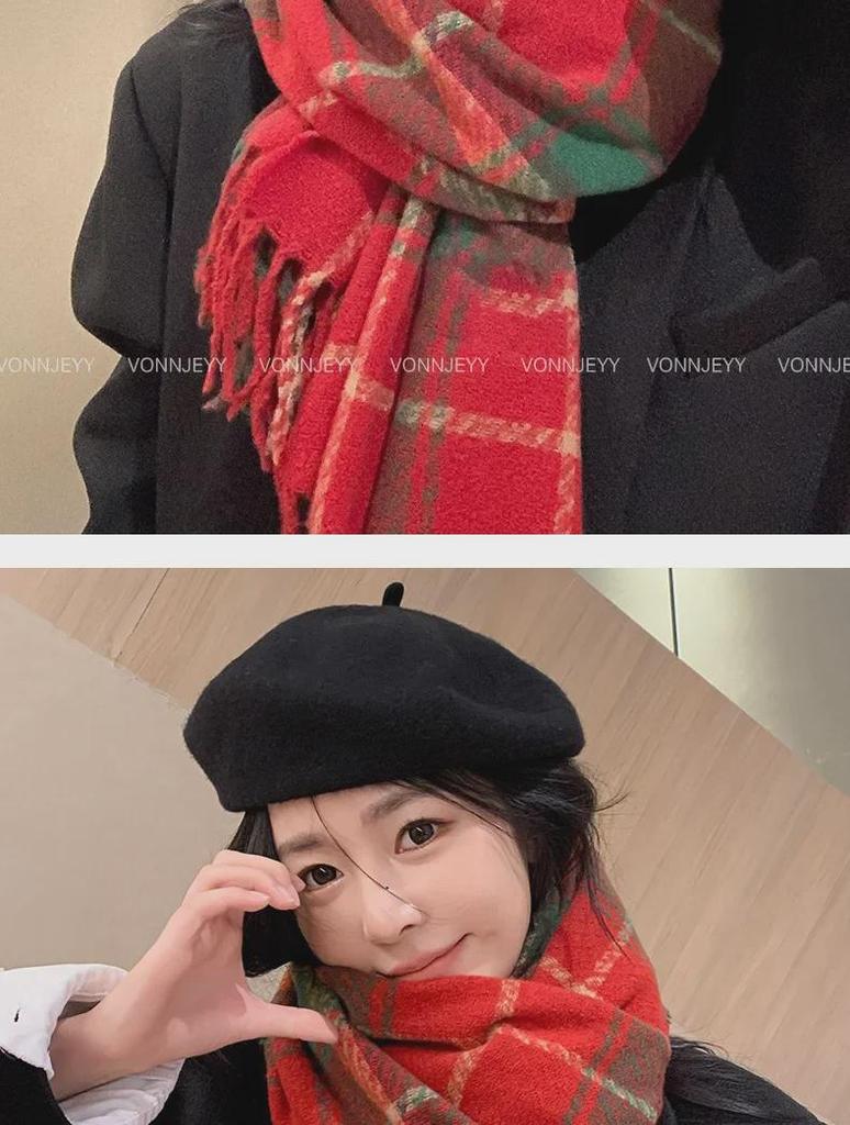 New Year Christmas Red Tassel Plaid Scarf - Women's High-End Warm Winter Korean Shawl