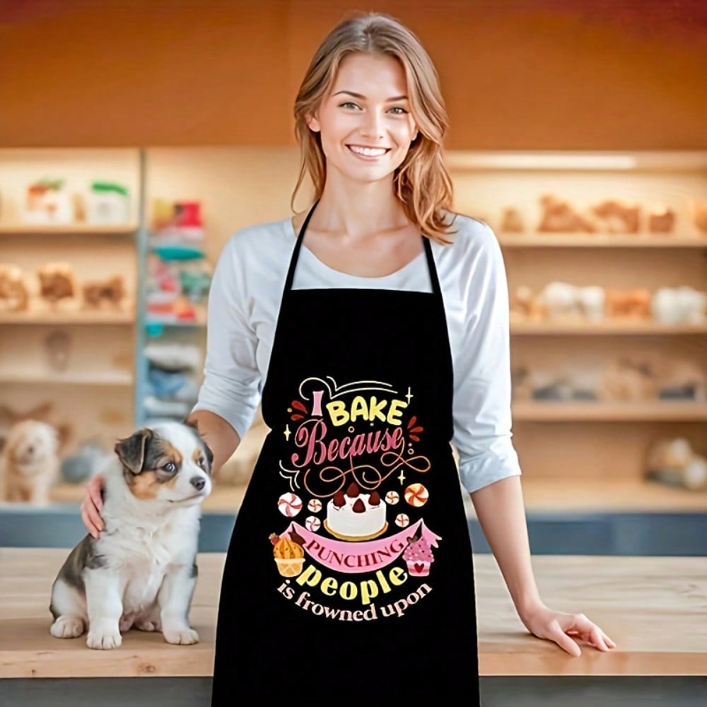 I Bake Because Punching People is Frowned Upon Apron, Funny Cake Print Kitchen Bib, Novelty Gift for Bakers 38X47cm(15X19in)