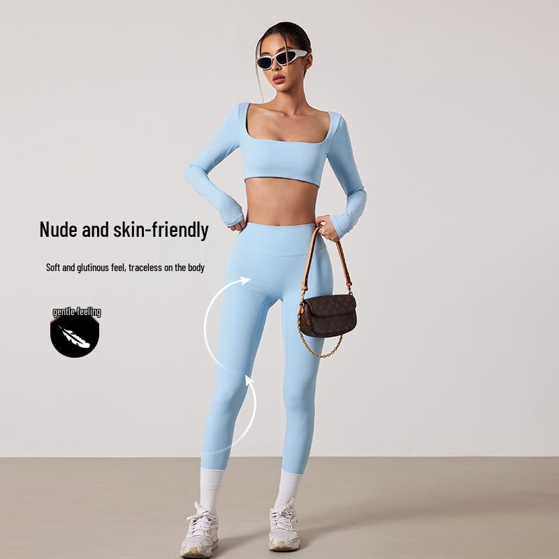 European & American Dance Yoga Wear: Sexy Square Neck Long Sleeve Top & High Waist Hip-Lifting Pants Set