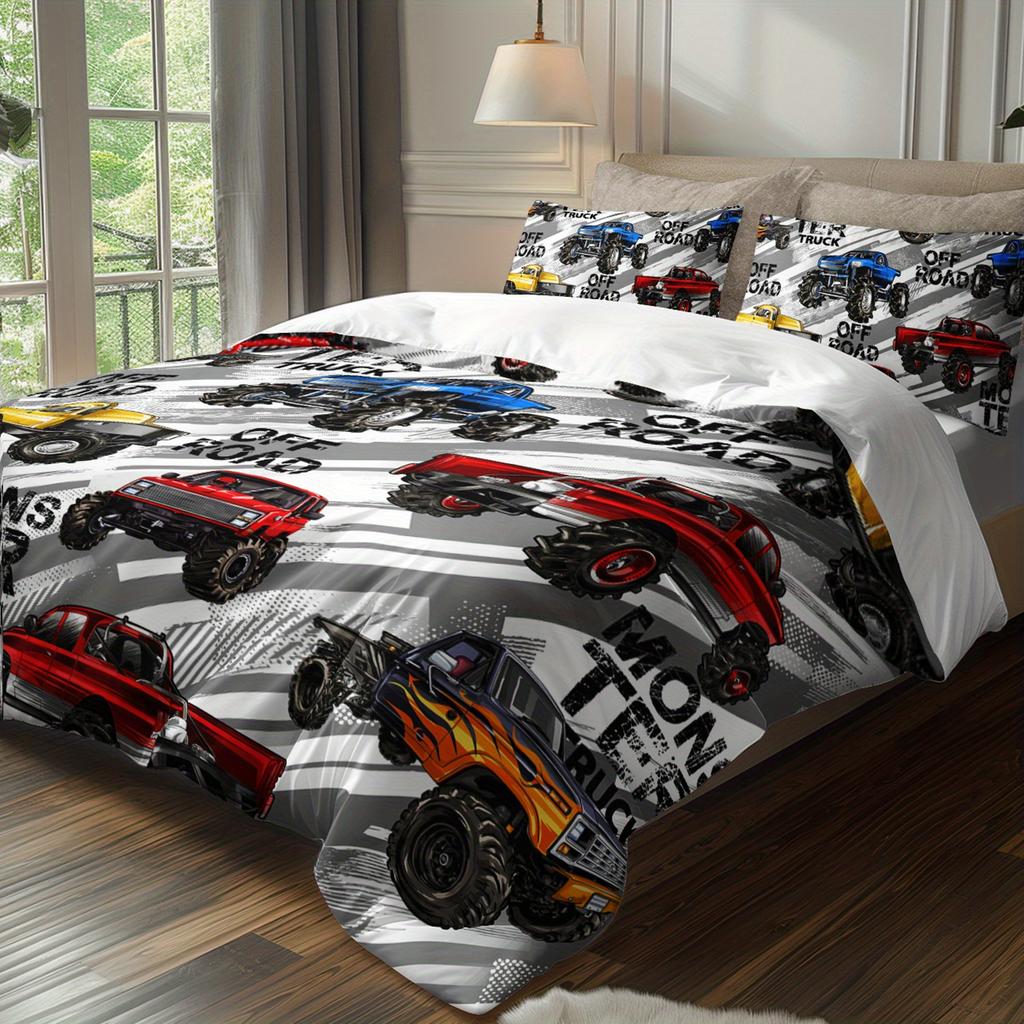 3pcs Monster Truck Bedding Duvet Cover Set Monster Truck Bedding Quilt Set Monster Truck Themed Bed Set Off Road Monster Truck
