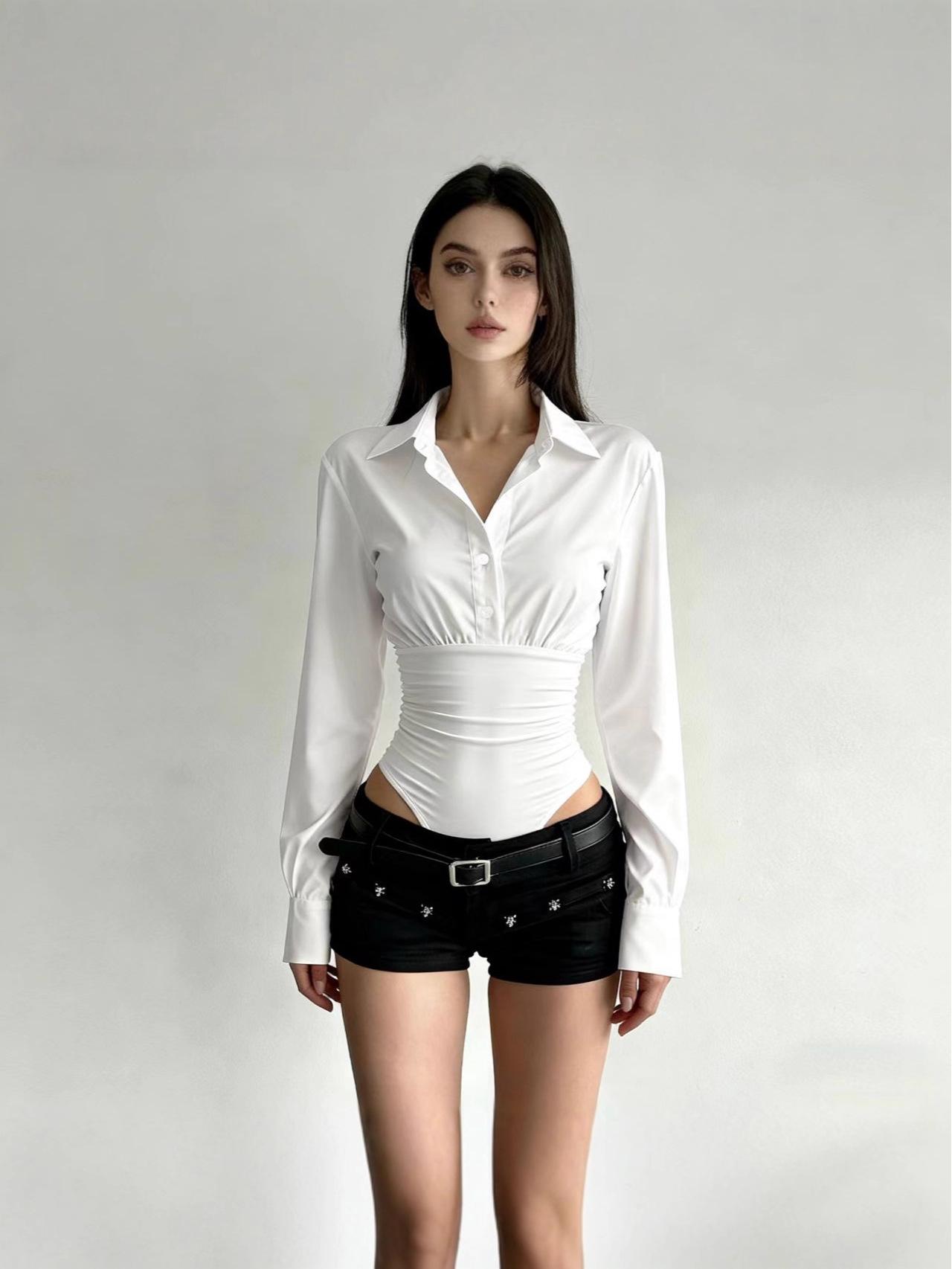 Women s French Commuter Style Polo Collar Waist-Cinching Patchwork Top S белый