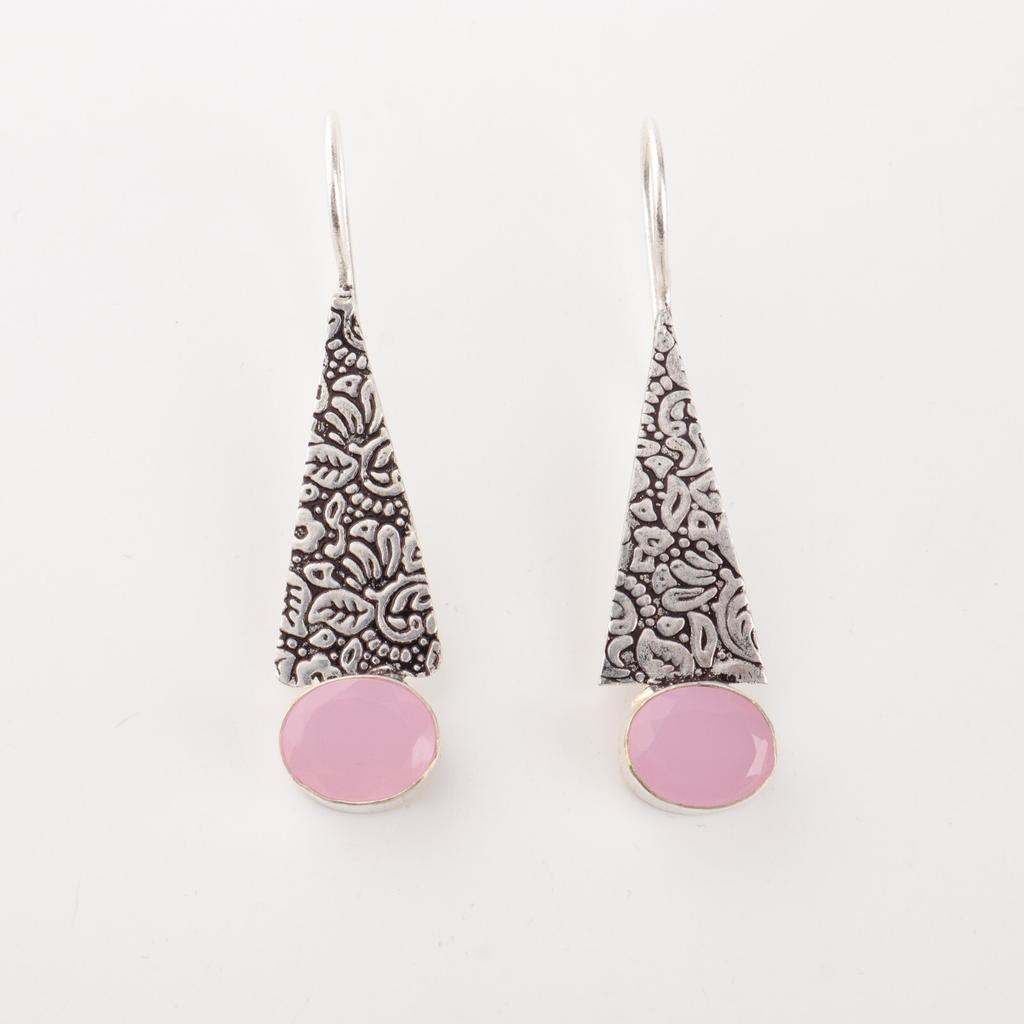 Naturalny Kamień Chalcedon Różowy Srebro Próby 925 Biżuteria Ręcznie Robione Kolczyki 1,9" EE-165-18
