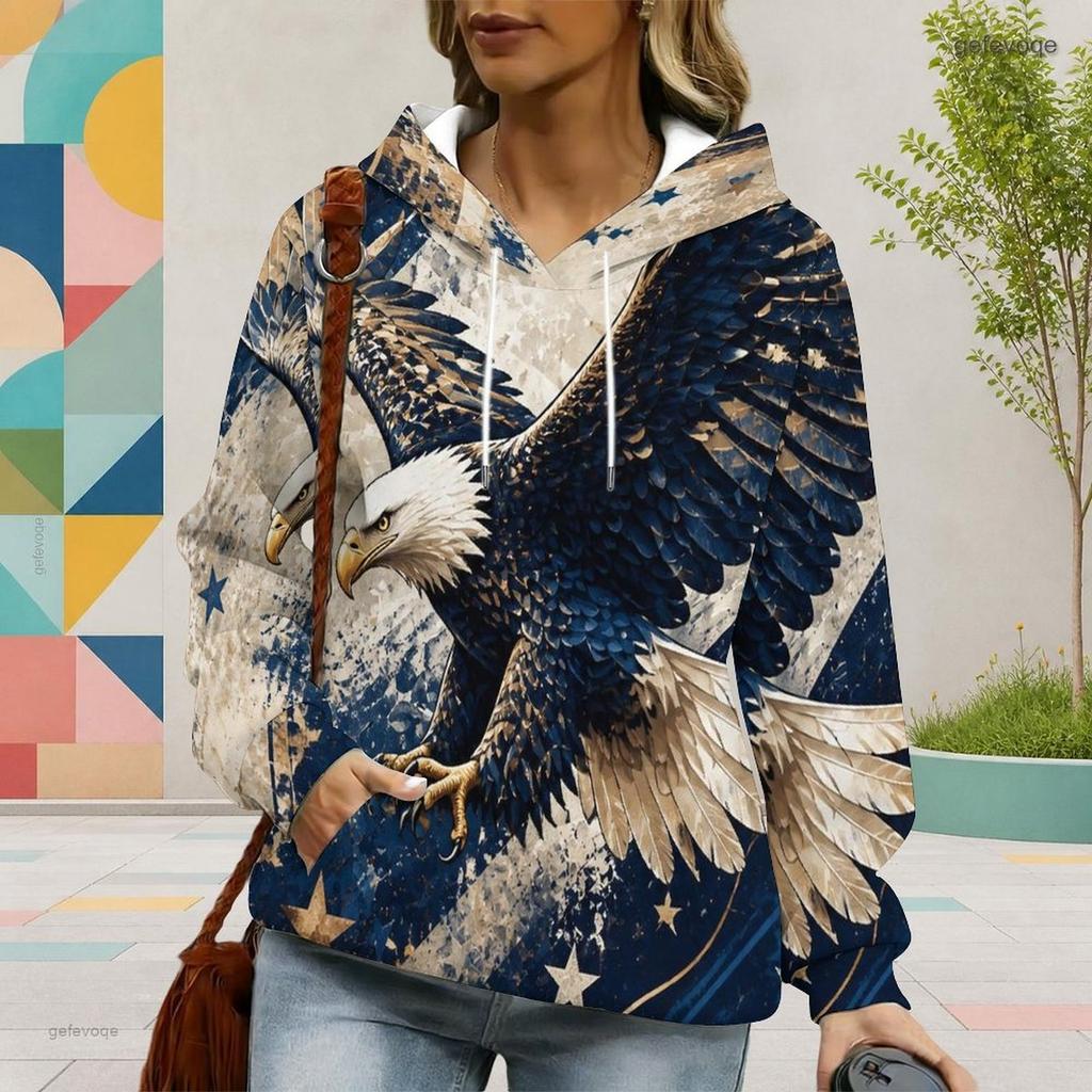 Women Plus Size Blue Star Printed Long Sleeve Drawstring Hood Pullover Hoodie With Kangaroo Pocket