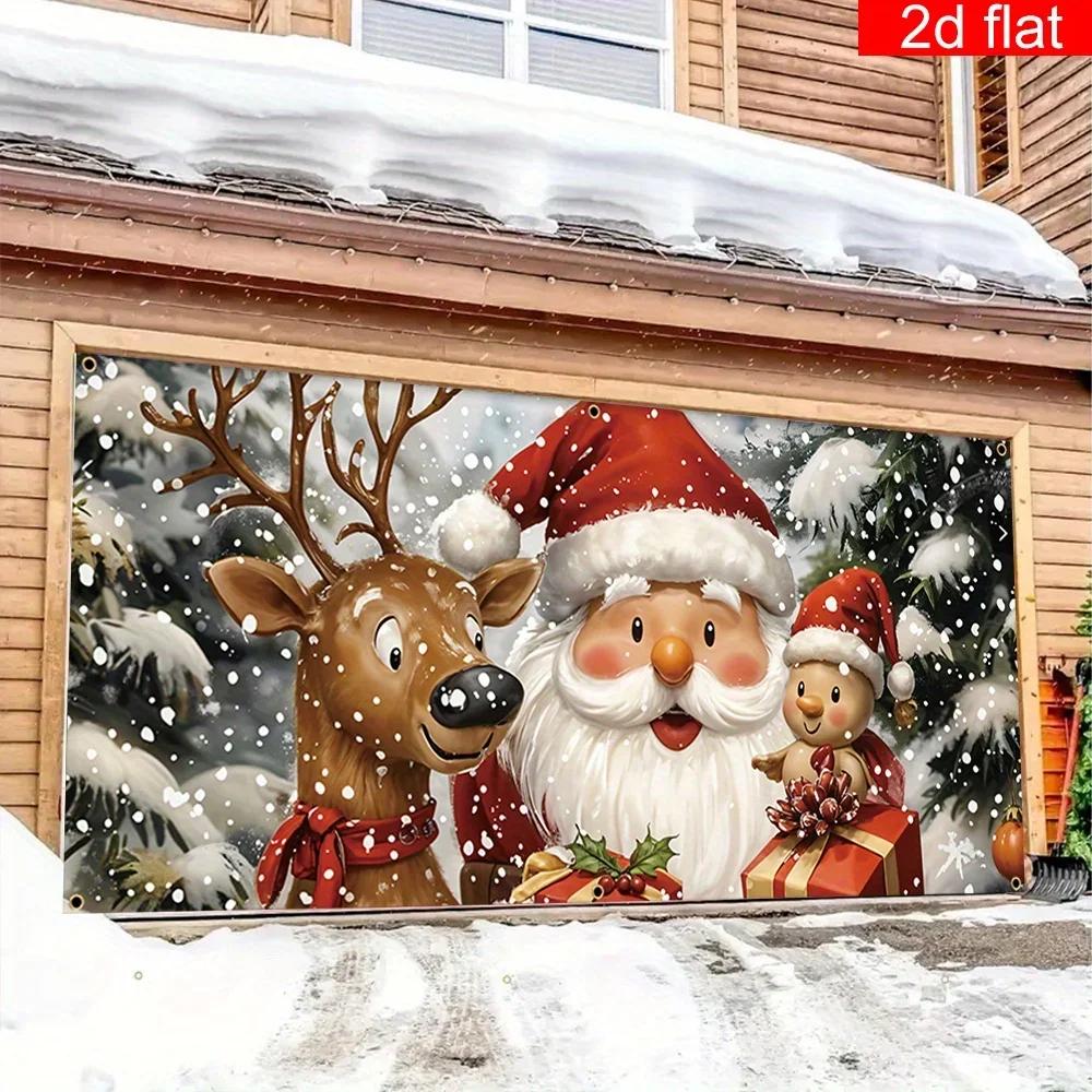 2D door banner 1 Christmas-themed garage door banner polyester cartoon Santa reindeer snowflake background