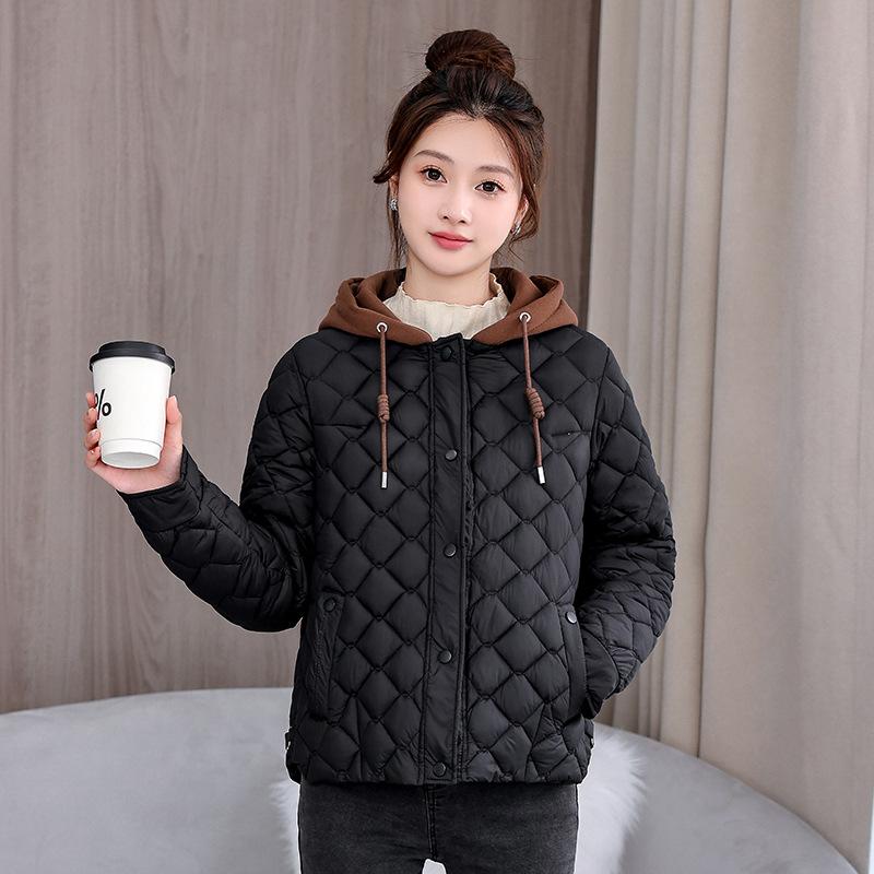 

Женская короткая пуховая куртка с ромбовидной стежкой, новая легкая хлопковая куртка с капюшоном на осень и зиму M чёрный