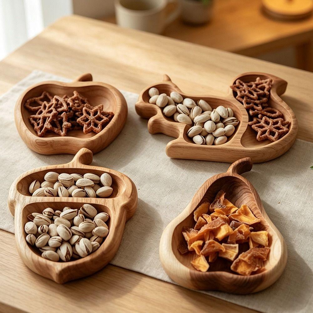 Wood Squirrel Wooden Snack Tray Squirrel Fruit Shape Double Dish Holder Home Decor