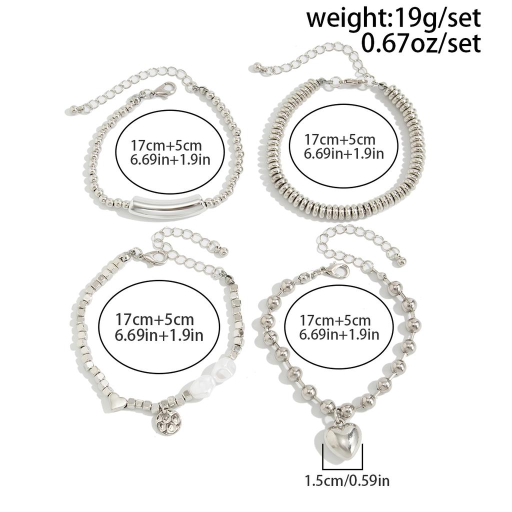 4-piece/set Fashion Imitation Pearl Metal Heart-shaped Pendant Bracelet for Women's Creative Silver Cubic Chain Jewelry