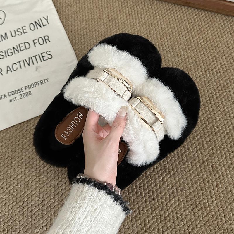 Women Fur Slippers Flats Shoes Casual Short Plush Cozy Winter Open Toe Flip Flops 2025 New Trend Slingback Slides Mujer