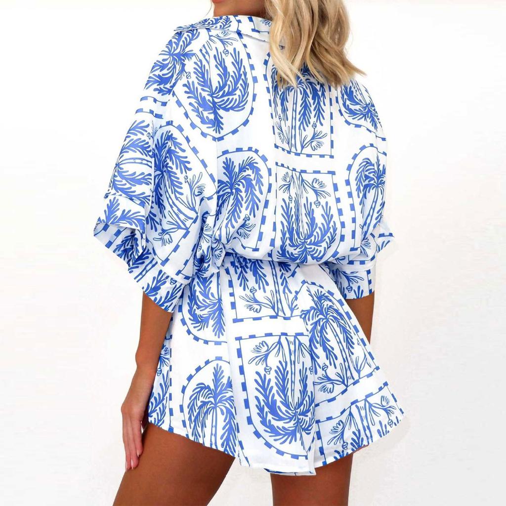 Women's Fashionable Casual Loose And Comfortable Tie Waist Open Collar Five Quarter Sleeve Jumpsuit