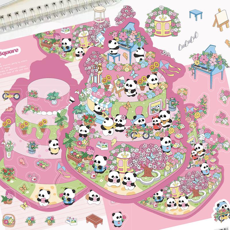 Cartoon Landscape Pink Panda Square Sticker Miniature World 3D Hut Unzip DIY Scene Manual